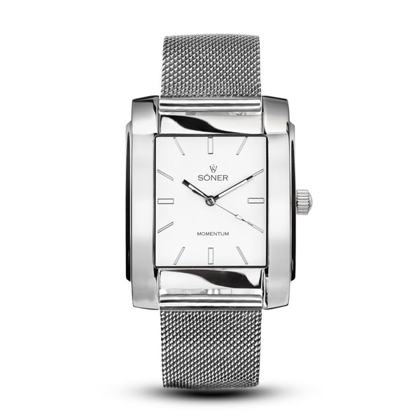 Hoover, a square automatic watch from söner with a polished steel case and a white dial | Silver steel mesh strap.